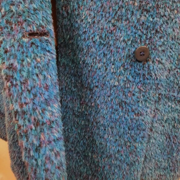 Vintage 80s Wool Mohair Alpaca Coat Fluffy Shaggy Vibrant Blue Mid Length Size M - Picture 9 of 11